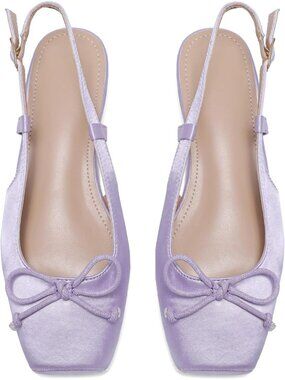 Women's Purple Slingback Square Toe Bow Knit Ankle Buckle Satin Ballet Flats
